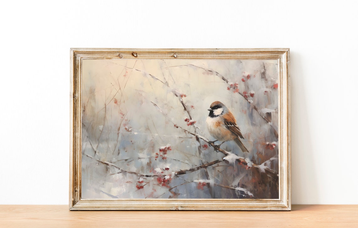 Chickadee on a Snowy Berry Branch Winter Bird Painting Wall Art - Image 4