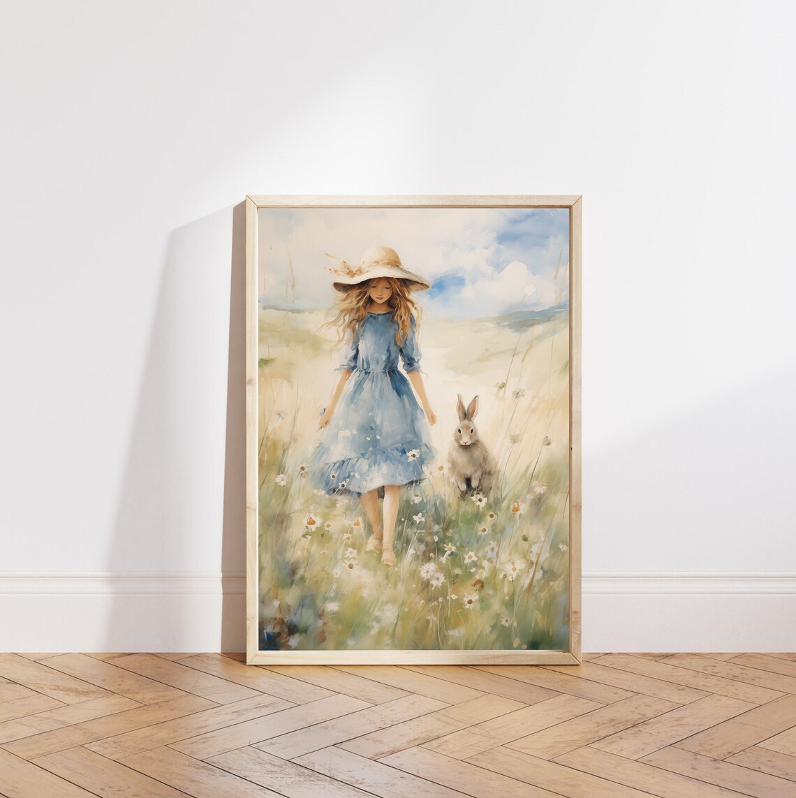 Girl in a Meadow with a Grey Bunny Summer Watercolor Wall Art - Image 5