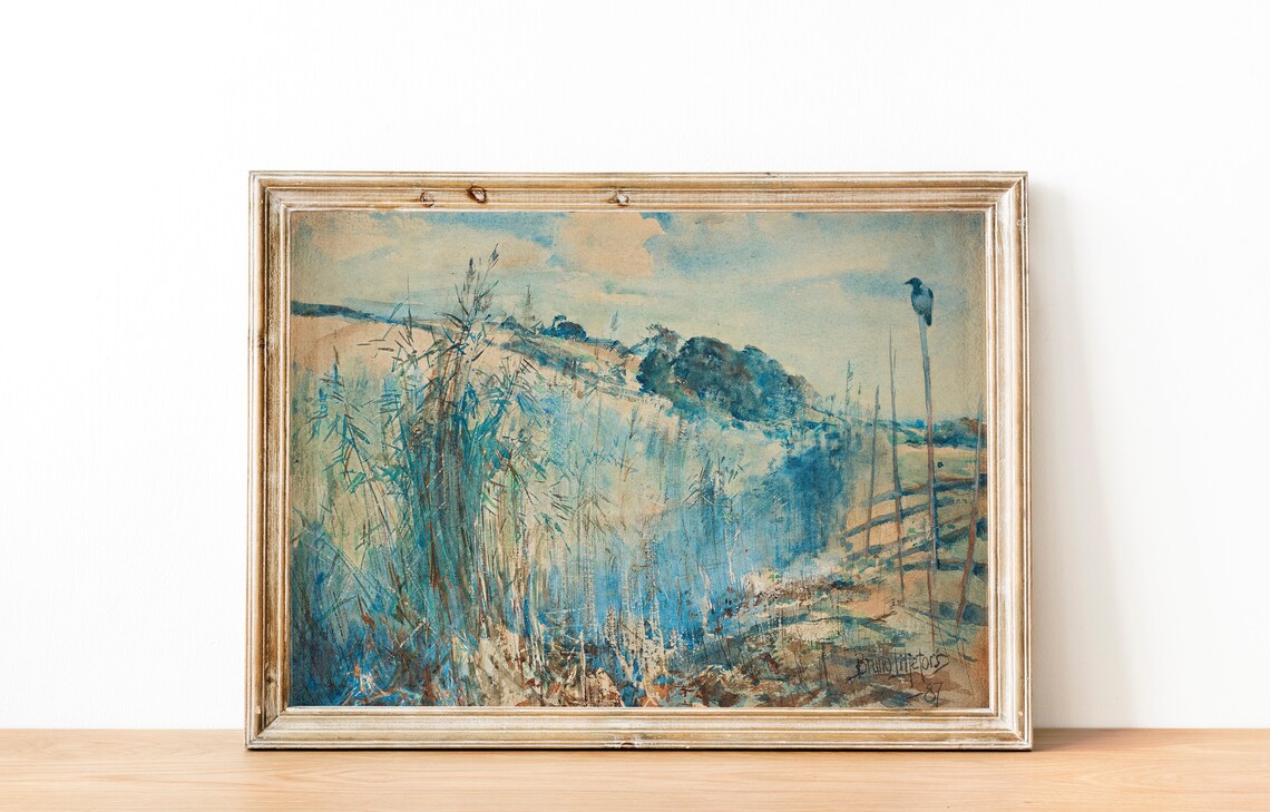 Blue Marsh Reeds Crow On Pole Watercolor Wildlife Painting Poster - Image 3