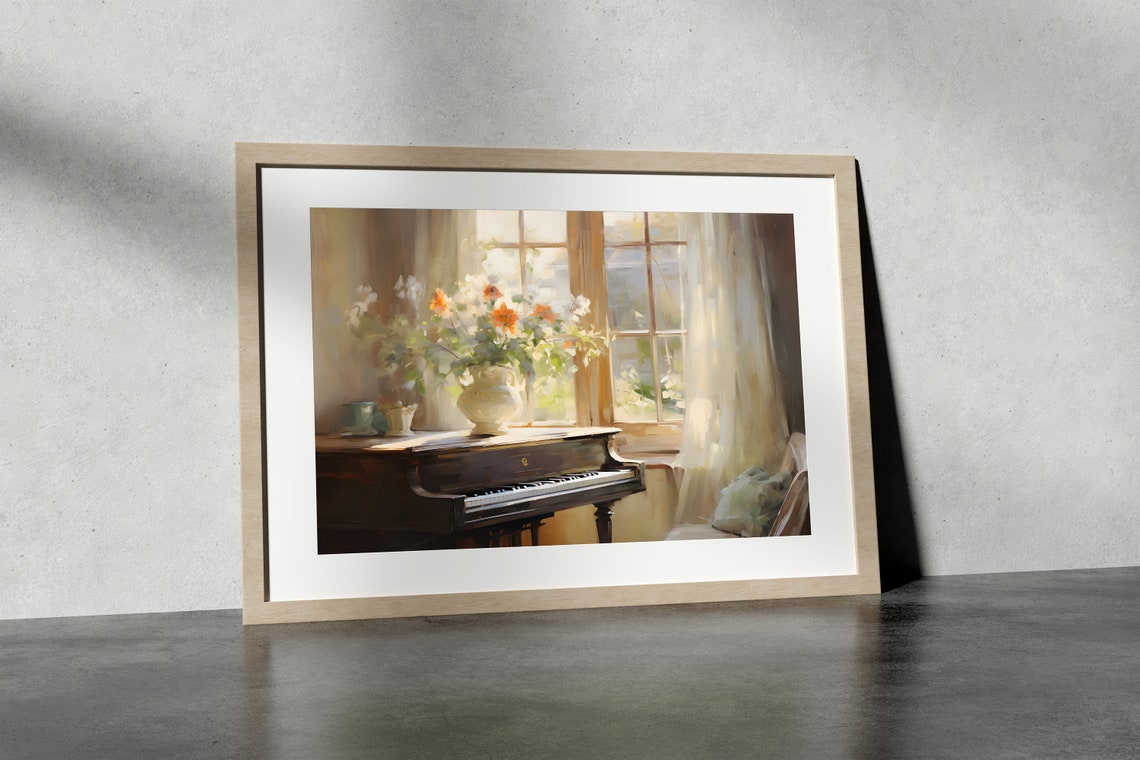 Flowers And Piano Wall Art Antique Piano Painting Vintage Piano Print Soft Tones Living Room Decor Farmhouse Living Room Art - Image 3