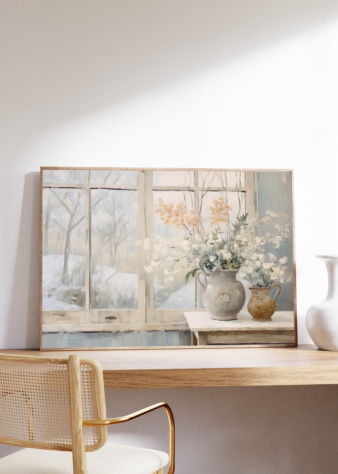 White Wildflowers in Vases by Snowy Window Soft Watercolor Poster - Image 5