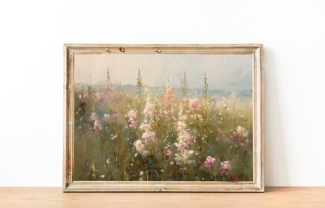 Pink Wildflower Meadow in Soft Morning Light Impressionist Poster - Image 3