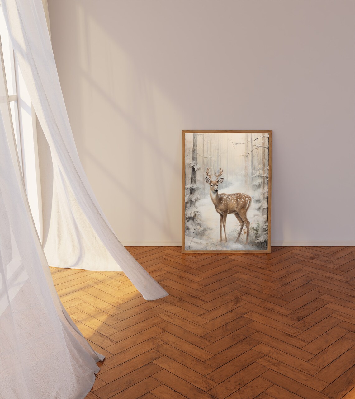 Vintage Christmas Deer Painting, Winter Forest Art Print - Image 3