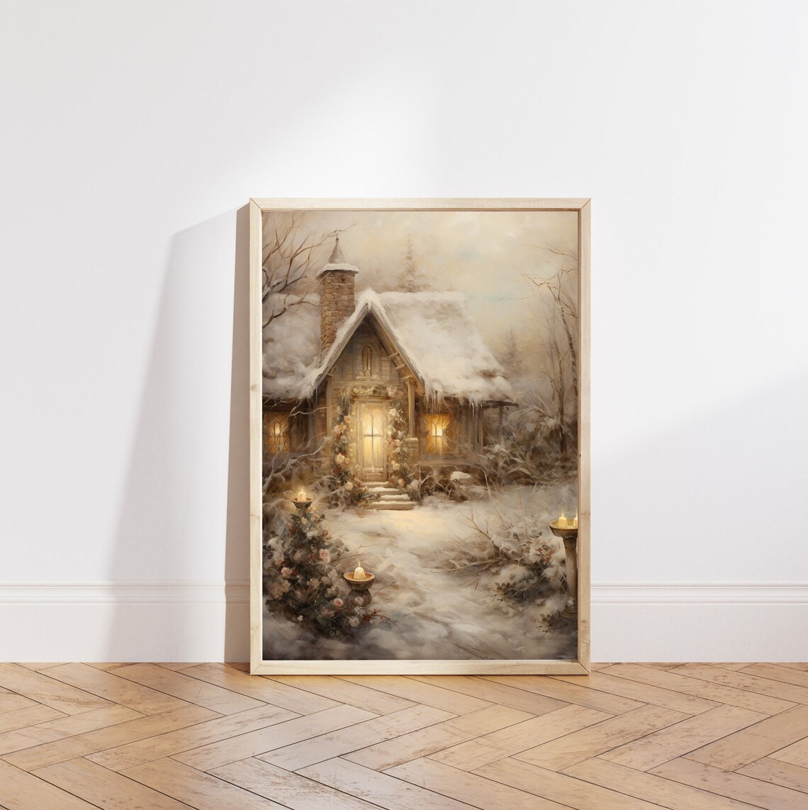 Cozy Snow Covered Cottage Glowing Windows Winter Night Scene Poster - Image 5