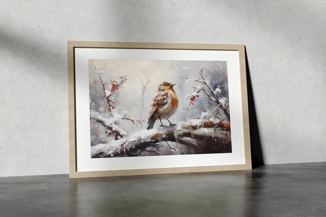 Winter Bird on a Snowy Branch with Red Berries Rustic Wall Art - Image 3