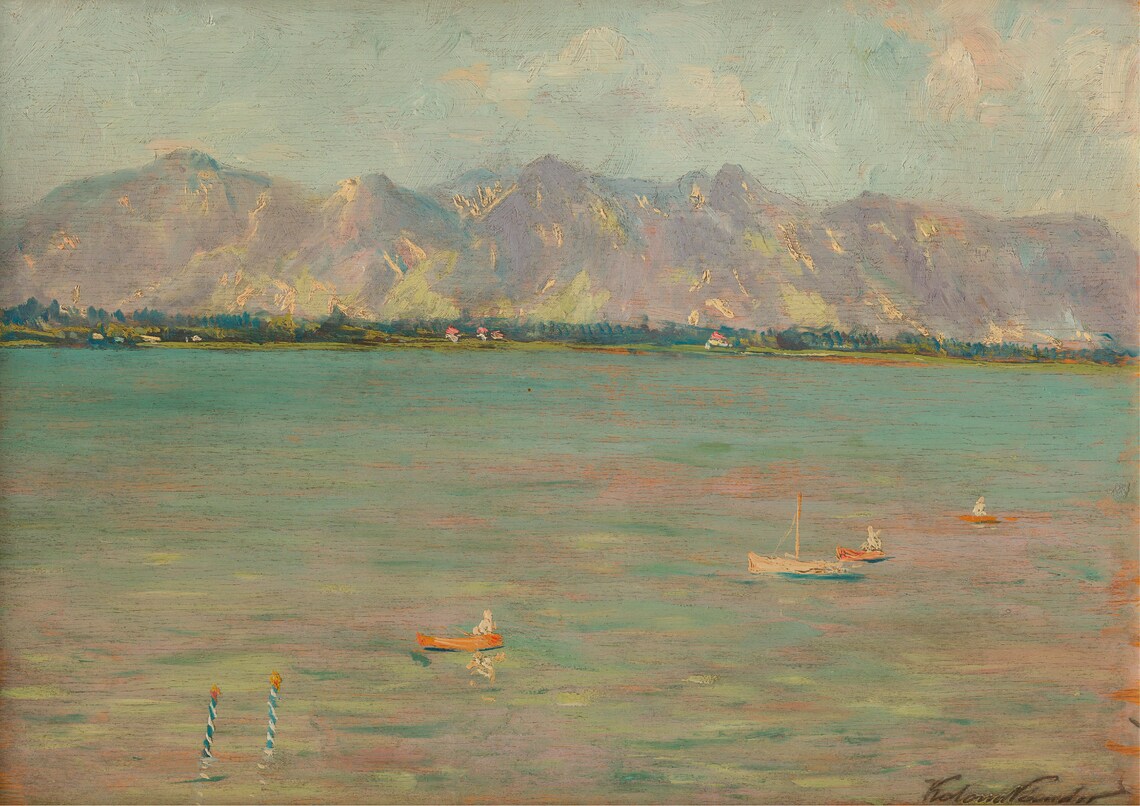 Turquoise Lake Small Boats Mountain Range Vintage Painting Poster - Image 7