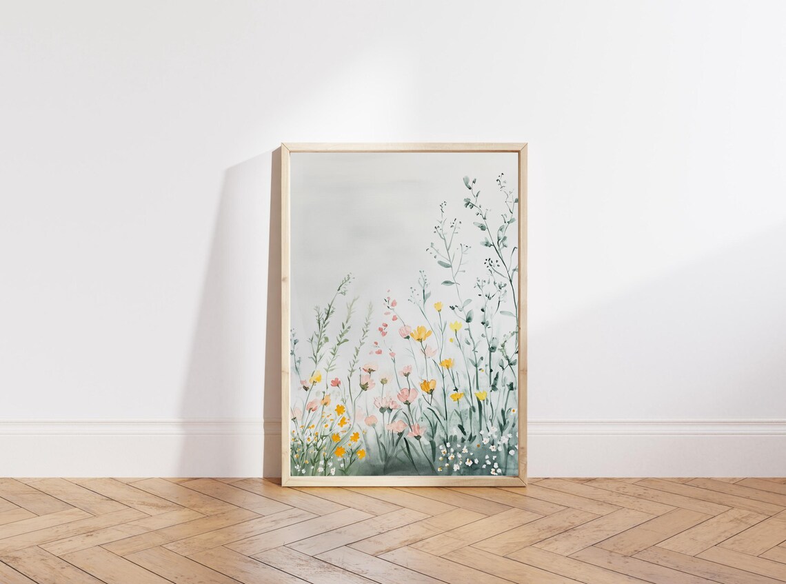 Wildflower Meadow Watercolor Pink Yellow Spring Home Decor Poster - Image 2