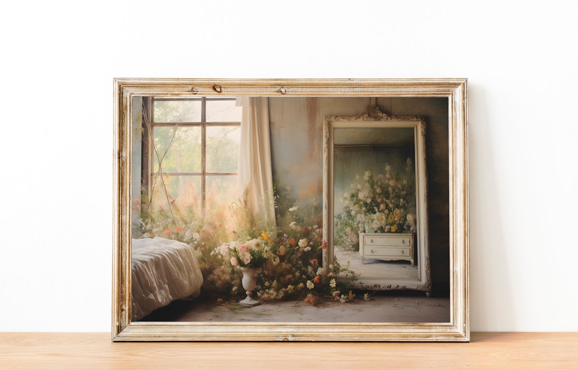 Dreamy Floral Bedroom with a Vintage Mirror Romantic Wall Art - Image 2