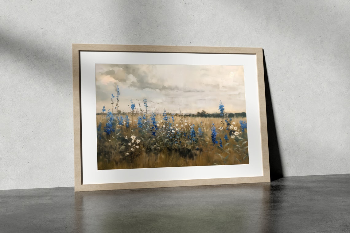 Blue Delphinium Spikes in Golden Field Cloudy Sky Art Poster - Image 3
