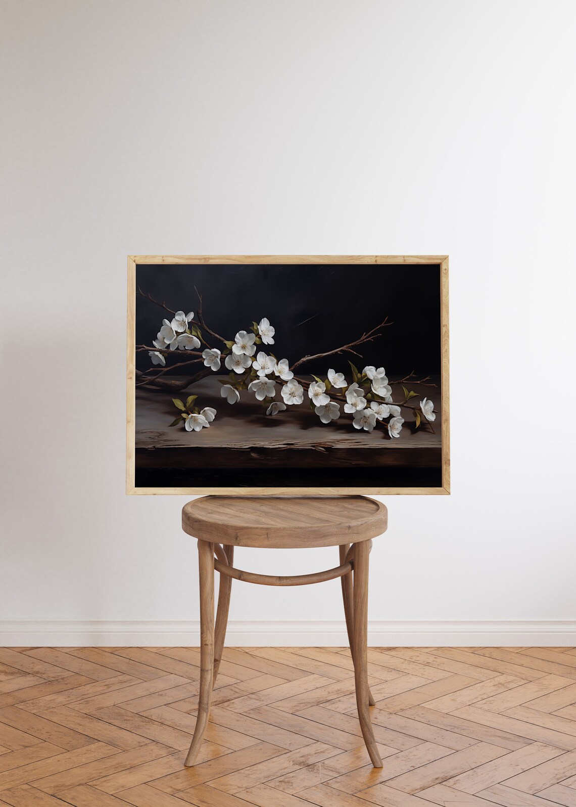 White Blossom Branch on Dark Wood Table Moody Floral Art Poster - Image 5