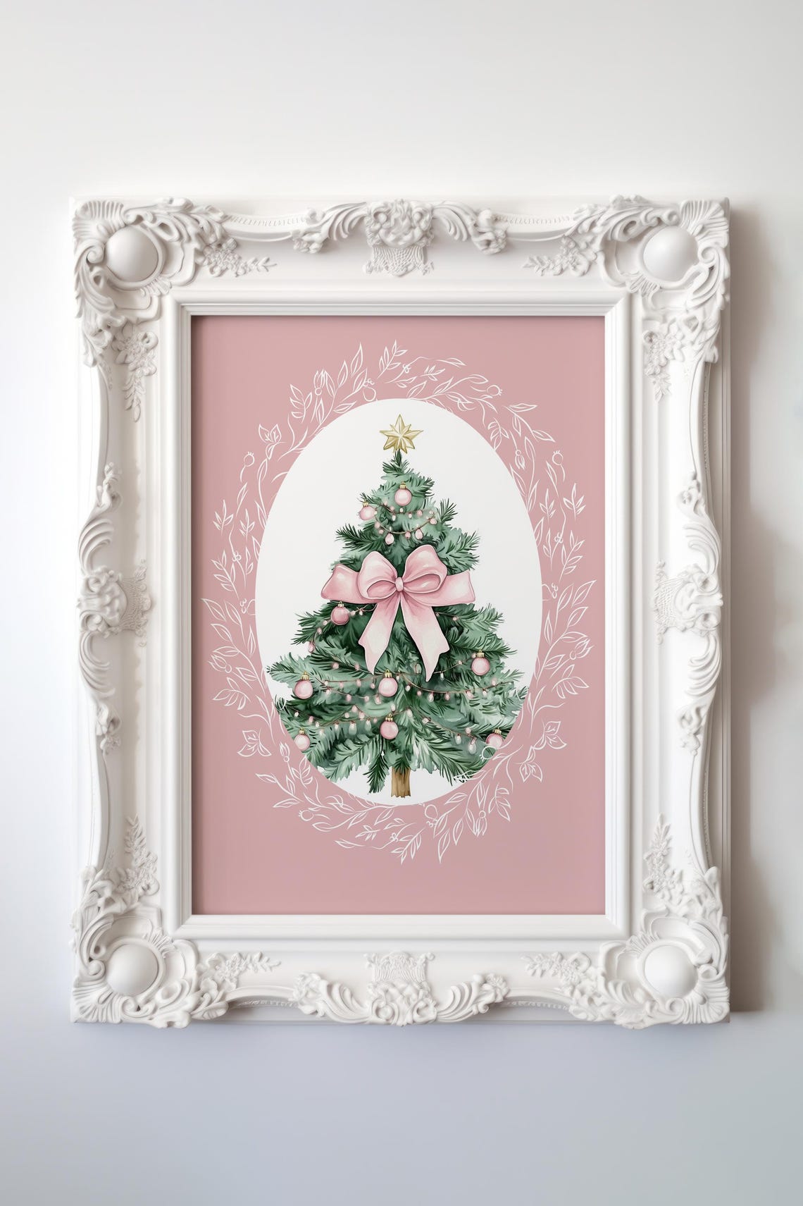 Pink Christmas Tree with Big Bow and Gold Star in Oval Frame Poster