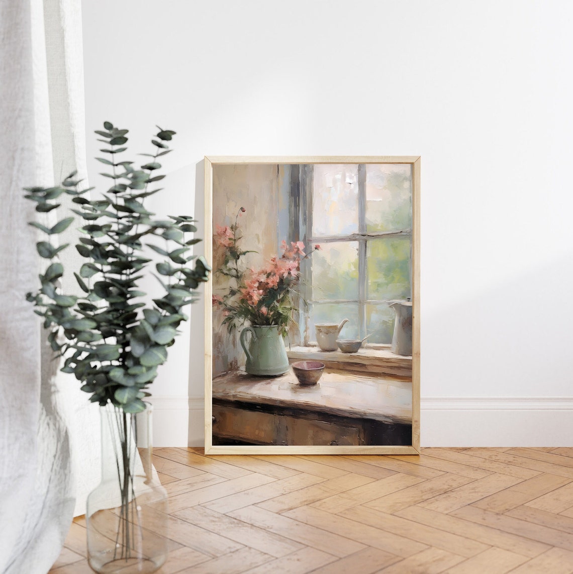 Flowers By The Window Neutral Still Life Painting Pink Flowers Vase Art Moody Floral Print Pink Flowers Still Life Print Art - Image 4