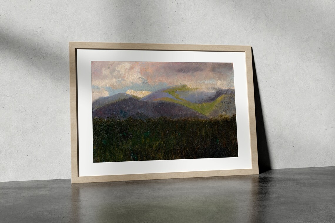Purple Mountain Peaks At Dusk Pink Clouds Landscape Painting Poster - Image 4