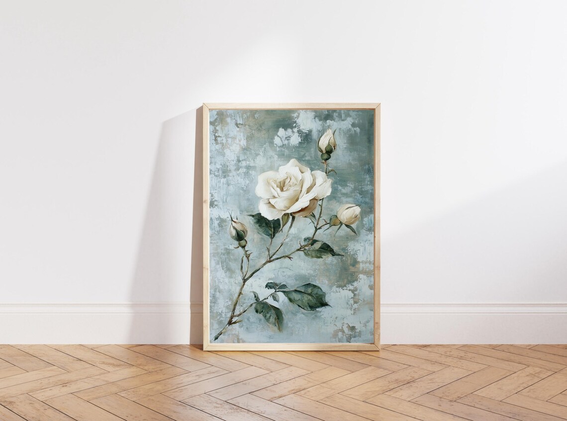 White Rose Bloom Vintage Teal Gray Romantic Floral Home Decor Poster - Image 5