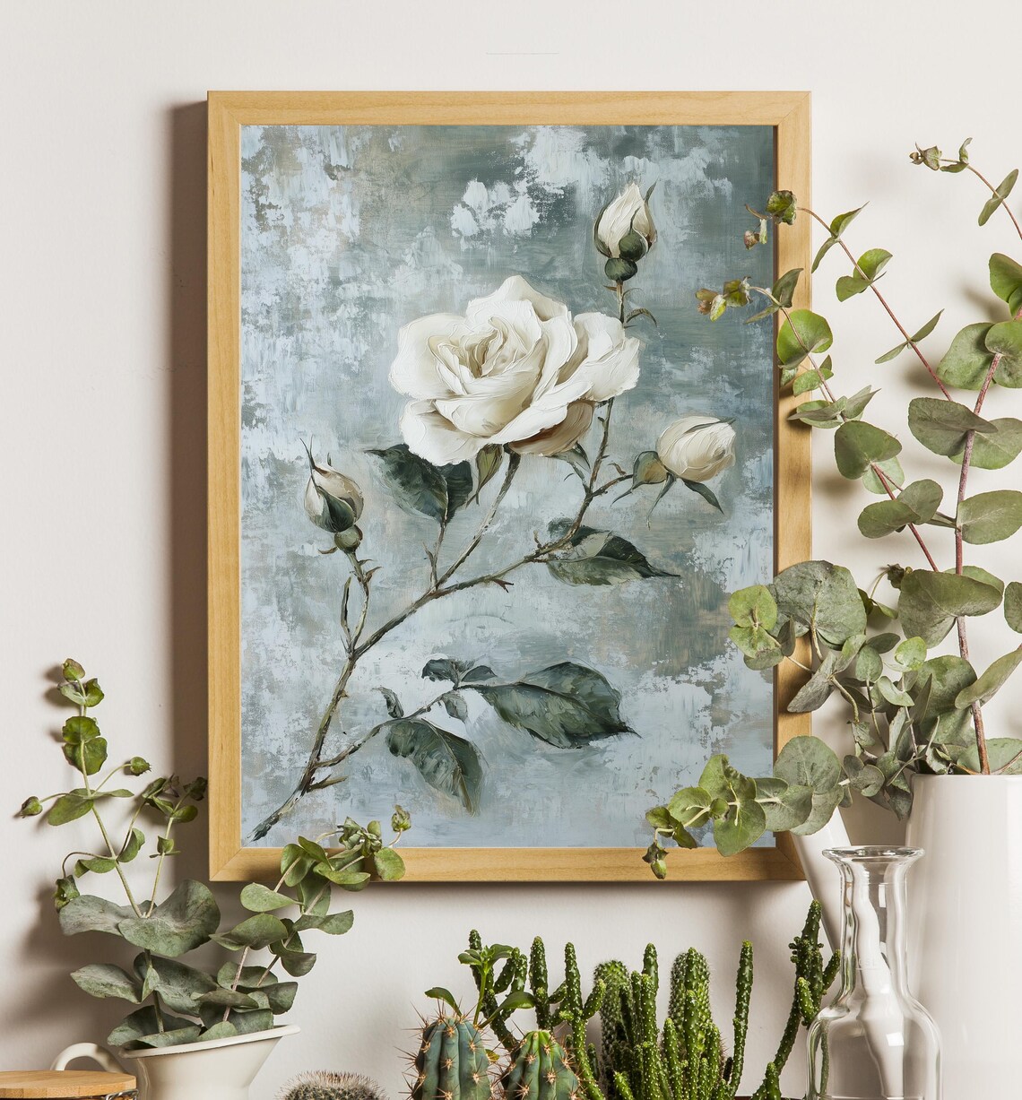 White Rose Bloom Vintage Teal Gray Romantic Floral Home Decor Poster - Image 3