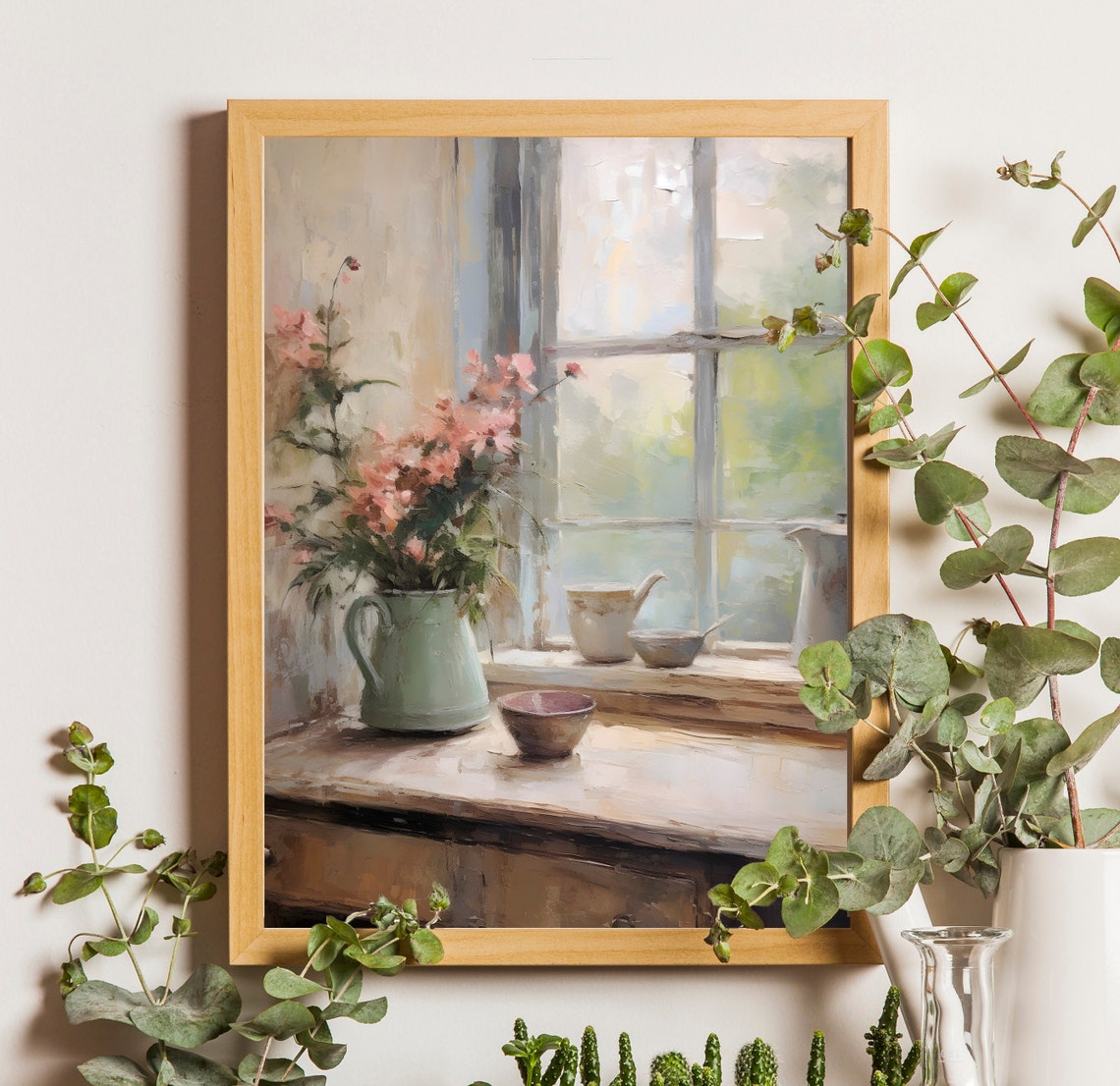 Flowers By The Window Neutral Still Life Painting Pink Flowers Vase Art Moody Floral Print Pink Flowers Still Life Print Art