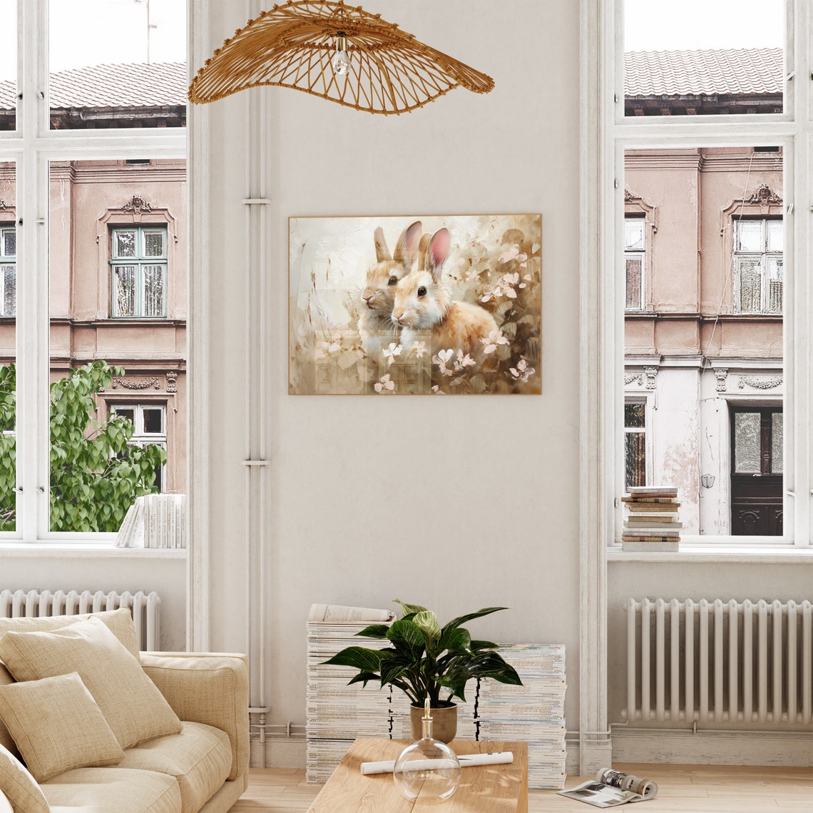 Two Tan Rabbits in White Wildflowers in a Spring Meadow Wall Art - Image 4