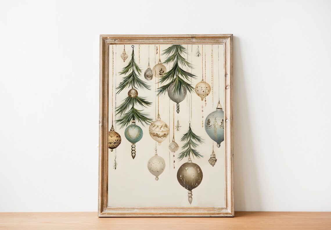 Hanging Vintage Christmas Ornaments with Pine Sprigs Cream Poster - Image 2