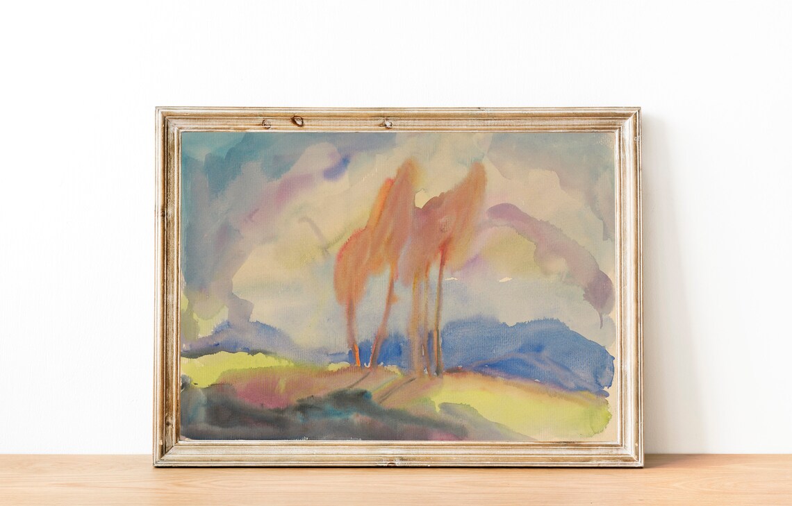 Golden Trees Watercolor Landscape Painting Minimalist Abstract Poster - Image 3