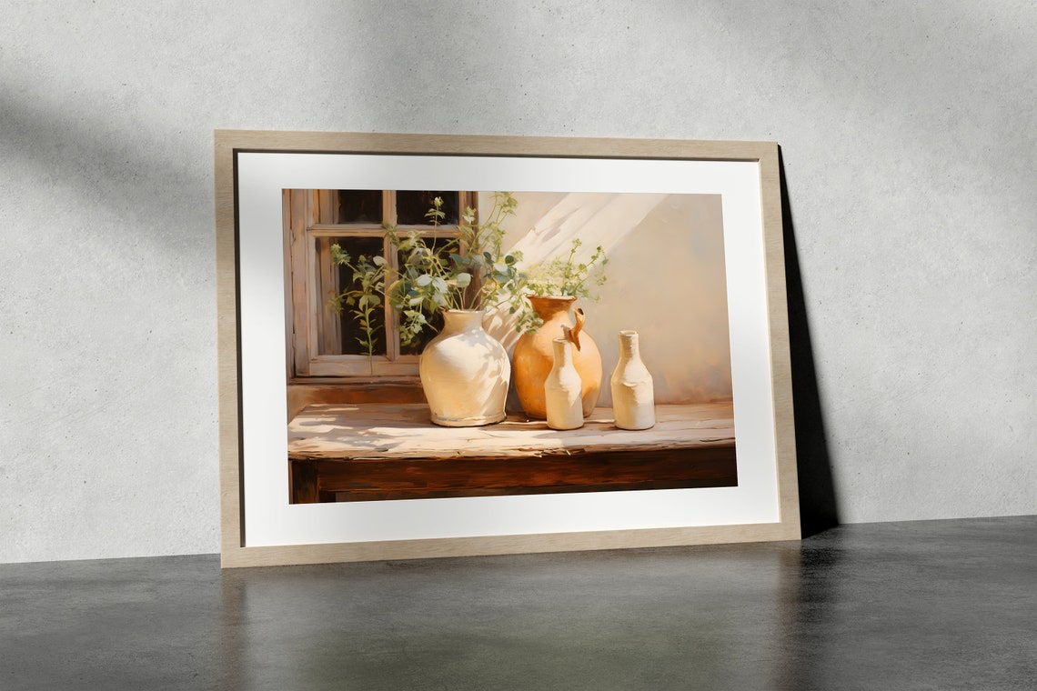 Sunlit Window with Terracotta Vases Cottage Kitchen Wall Art - Image 3