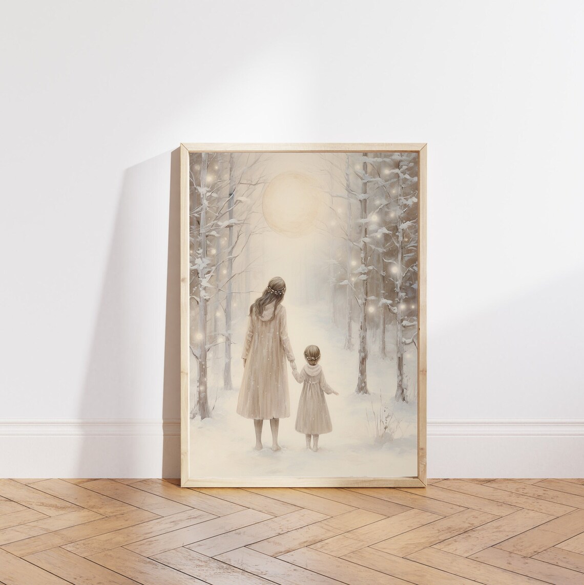 Mother And Daughter Moonlit Snowy Forest Walk Sweet Winter Poster - Image 5