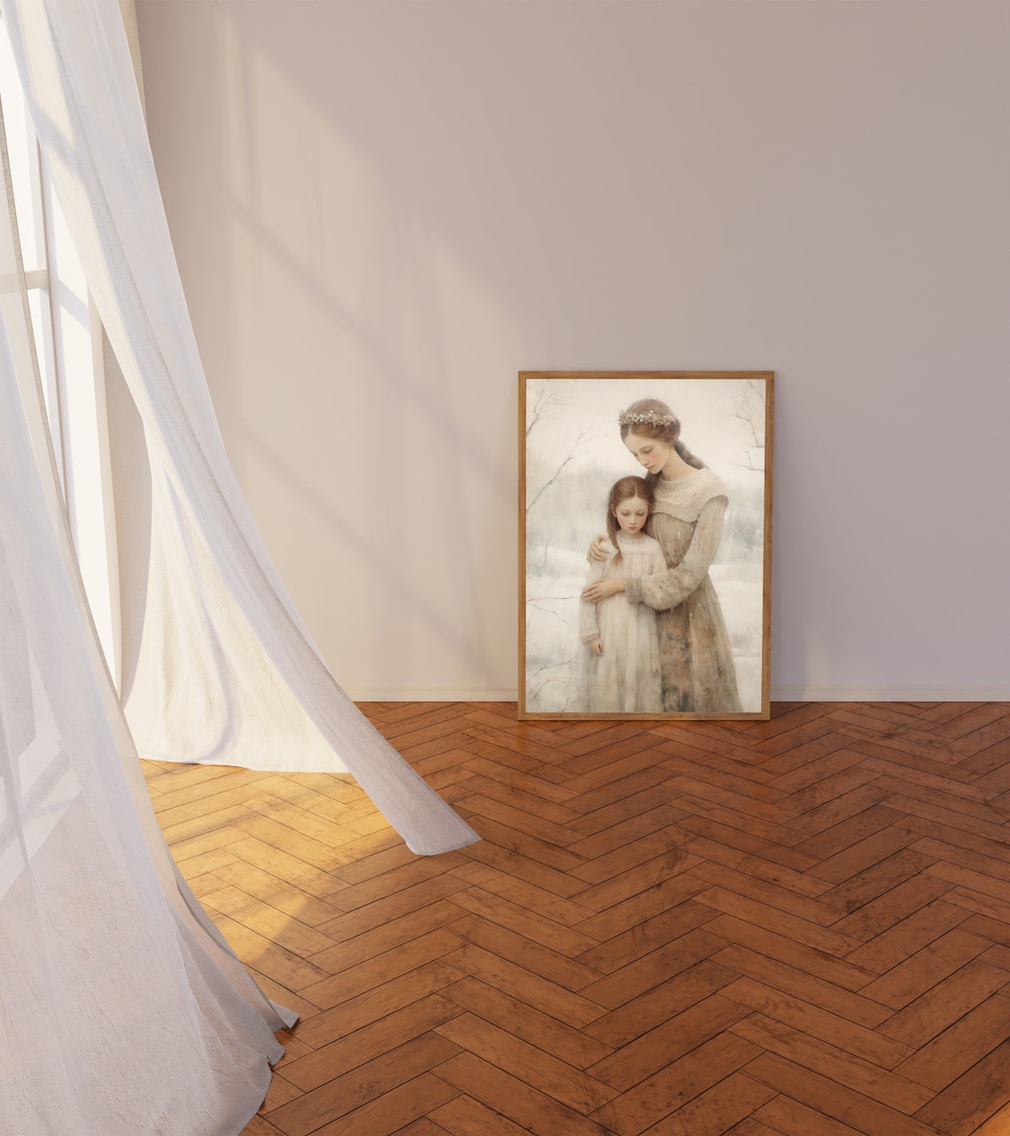 Mother Daughter Painting Mother And Daughter Art Motherhood Painting Girl Bedroom Wall Art Nursery Neutral Art Moody Print - Image 3