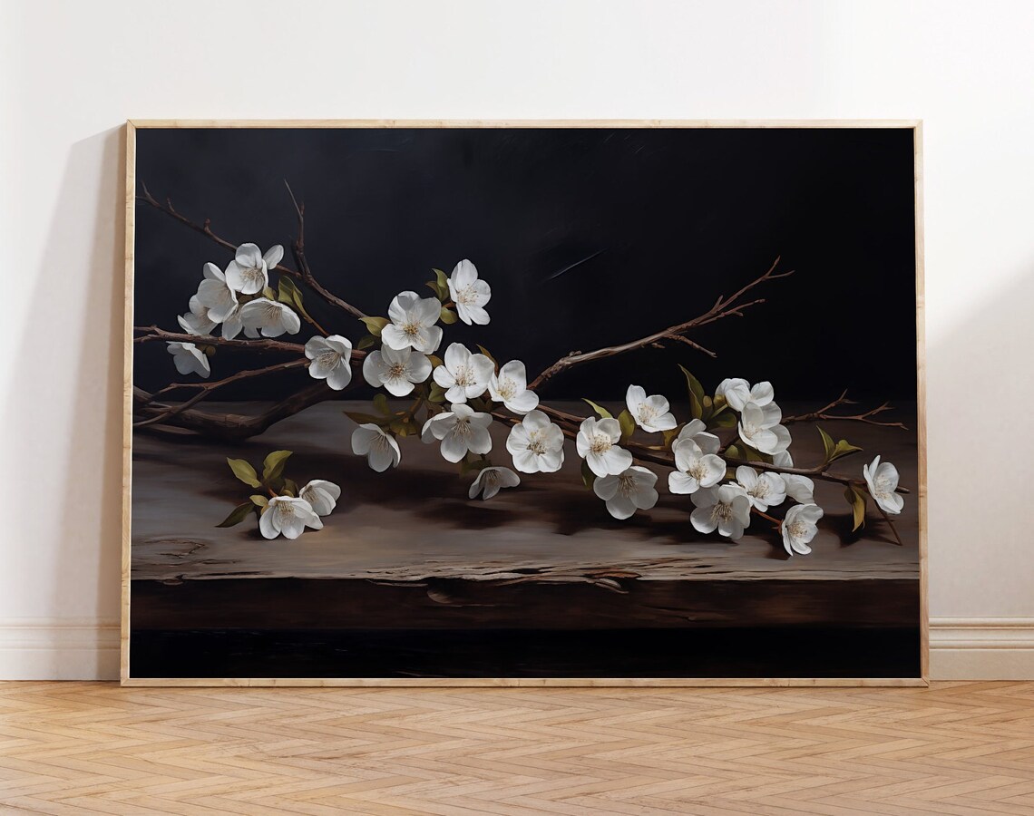 White Blossom Branch on Dark Wood Table Moody Floral Art Poster