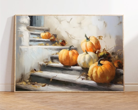 Golden Pumpkins on White Stairs Fall Harvest Painting Poster