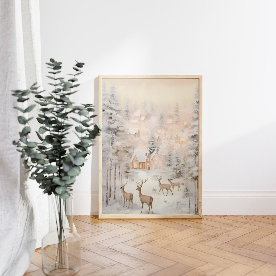 Snowy Village With Deer Rustic Christmas Winter Scene Poster - Image 3