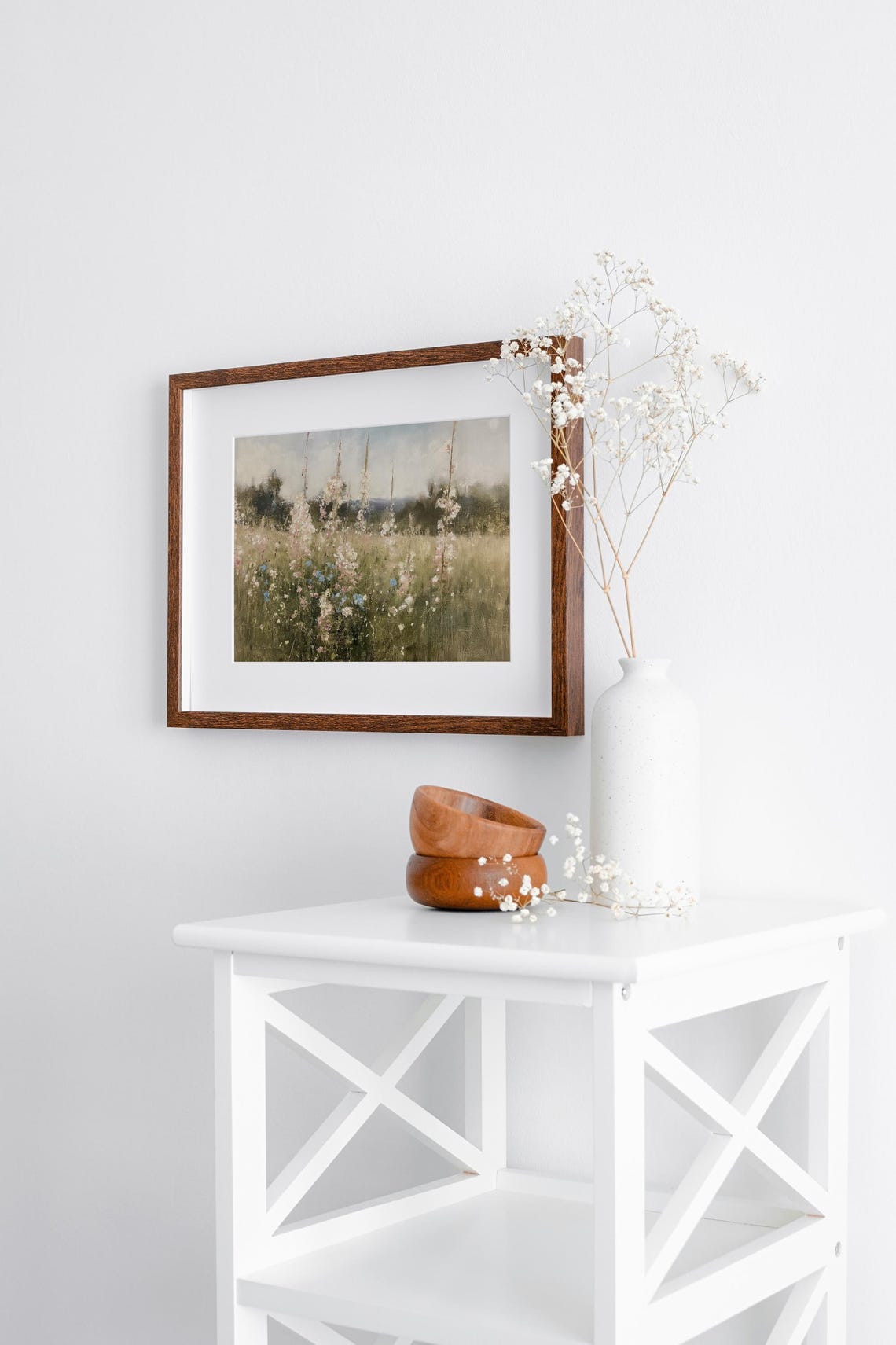 White Wildflowers in Sunlit Meadow Impressionist Landscape Poster - Image 3