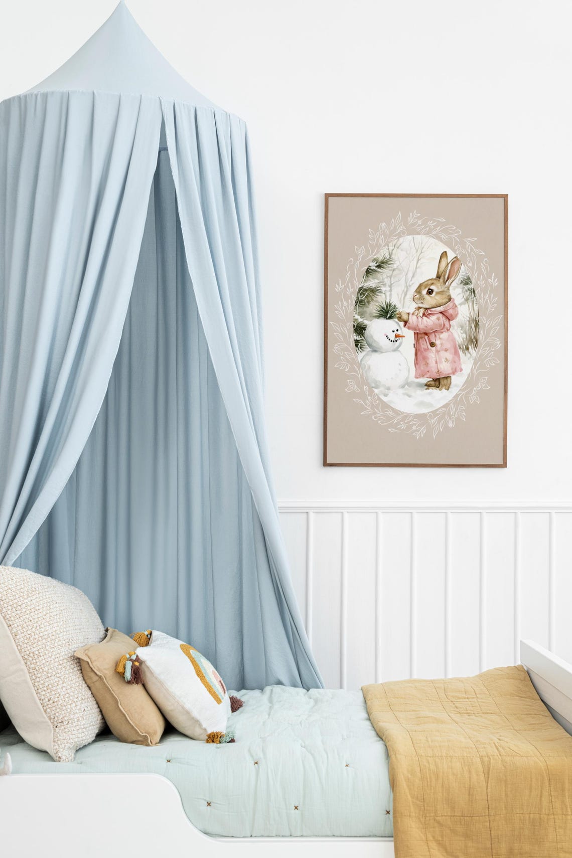 Bunny Placing a Pine Sprig on a Snowman in Snowy Woods Poster - Image 4