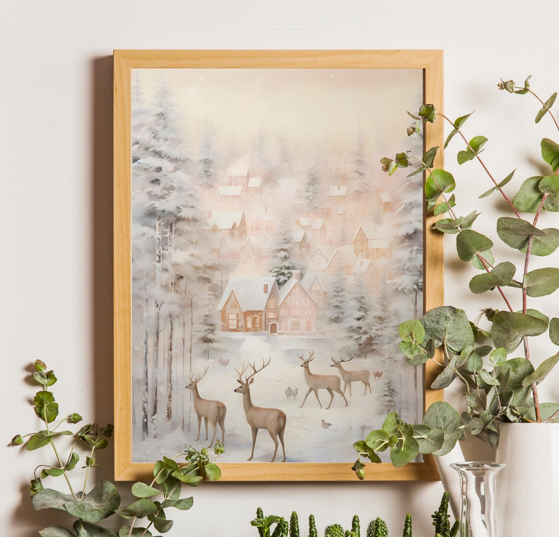 Snowy Village With Deer Rustic Christmas Winter Scene Poster