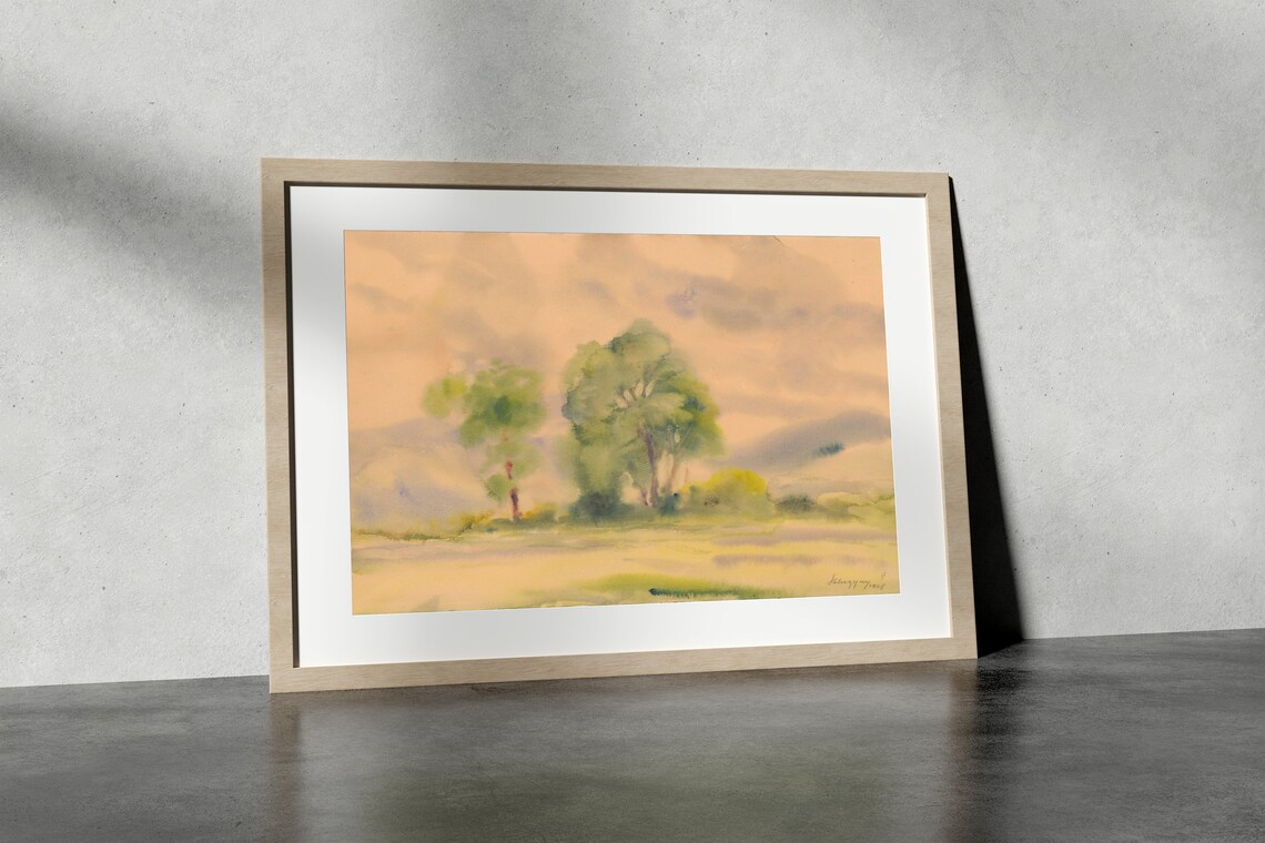 Green Trees Watercolor Painting Misty Meadow Minimalist Art Poster - Image 4