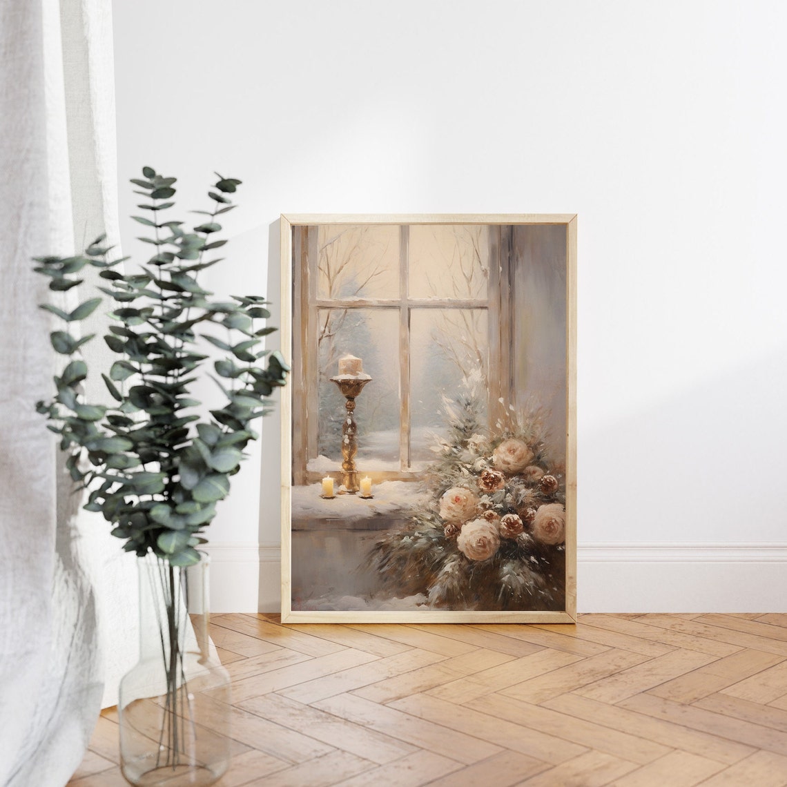 Candlelit Winter Window with Roses and Pinecones Snowy Poster - Image 3