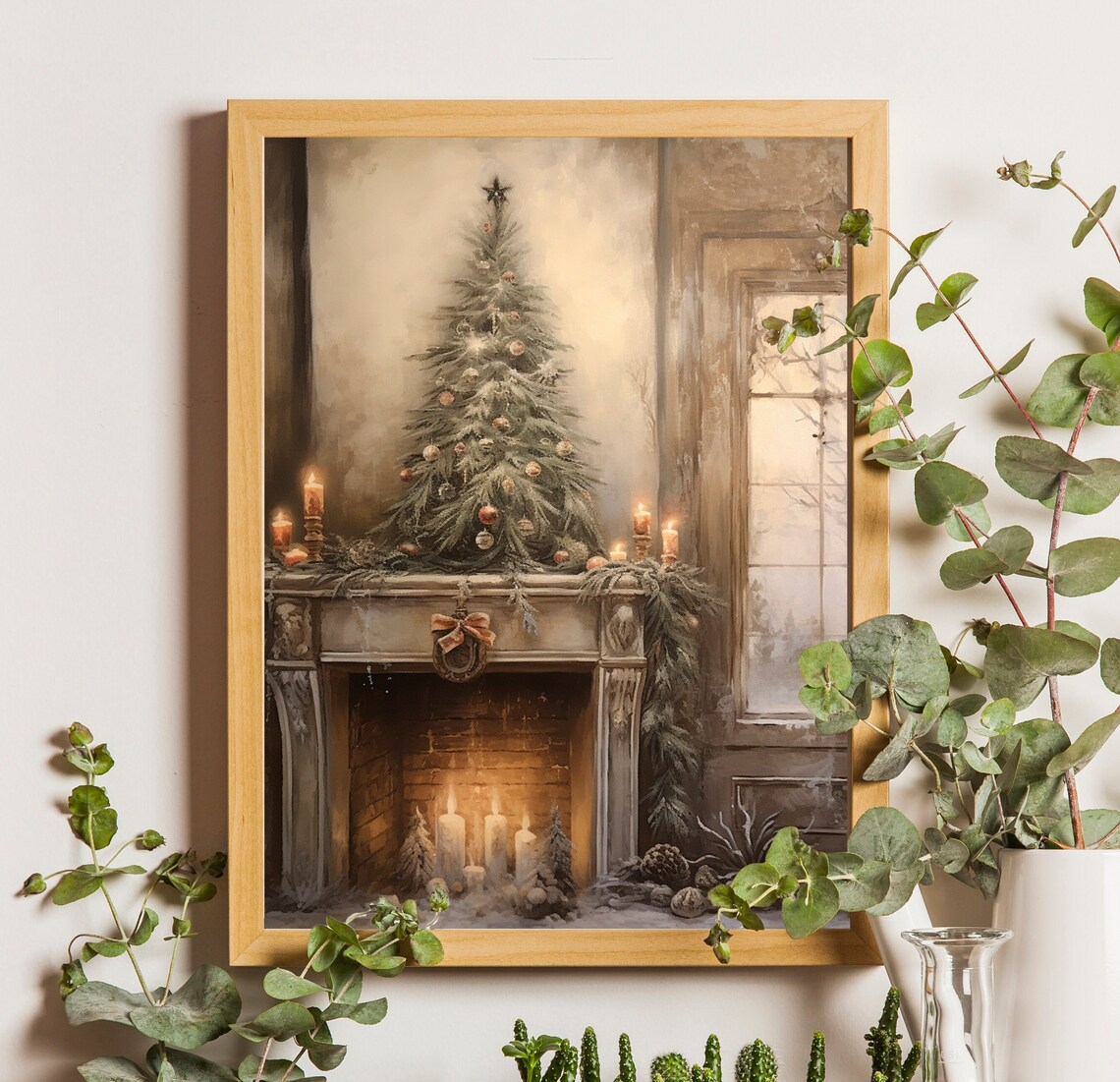 Christmas Tree on Fireplace Mantel with Candles and Garland Poster