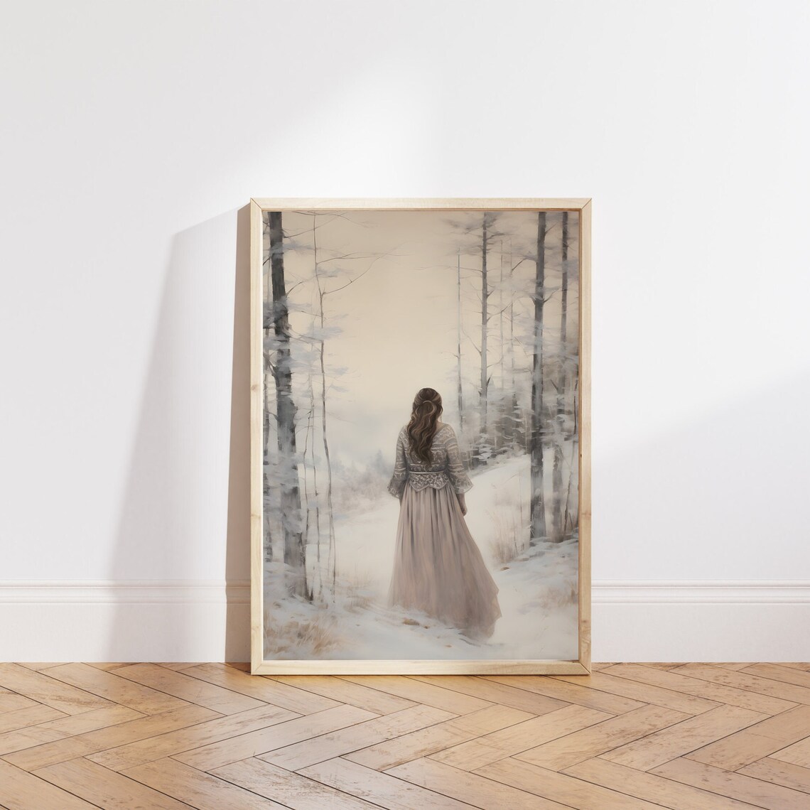 Woman Walking Through The Misty Snowy Winter Forest Art Poster - Image 5