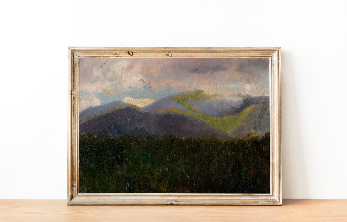 Purple Mountain Peaks At Dusk Pink Clouds Landscape Painting Poster - Image 3
