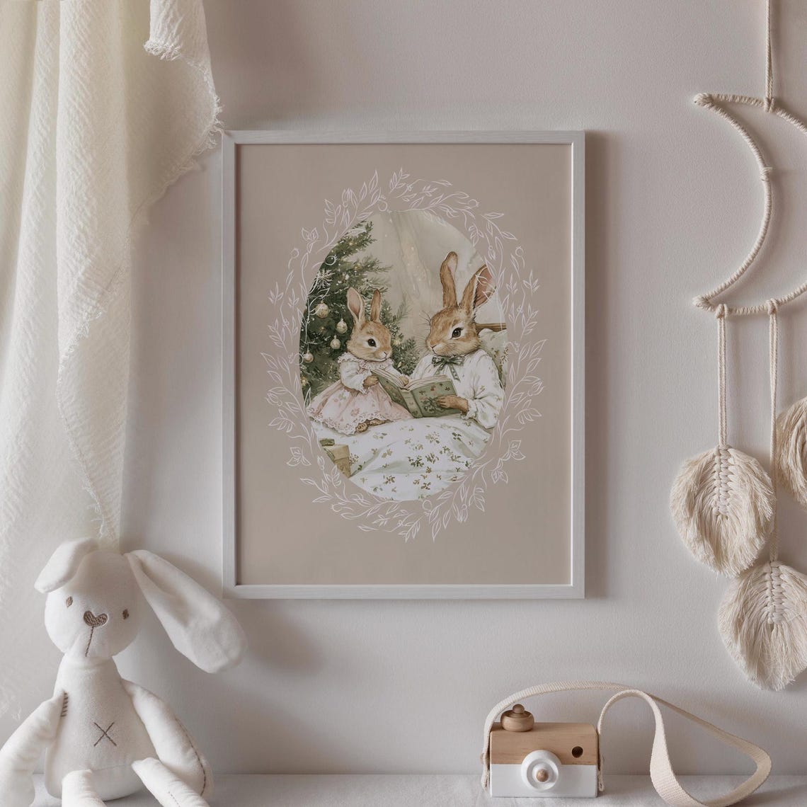 Two Bunnies Reading a Book Together in Bed by Christmas Tree Poster - Image 3