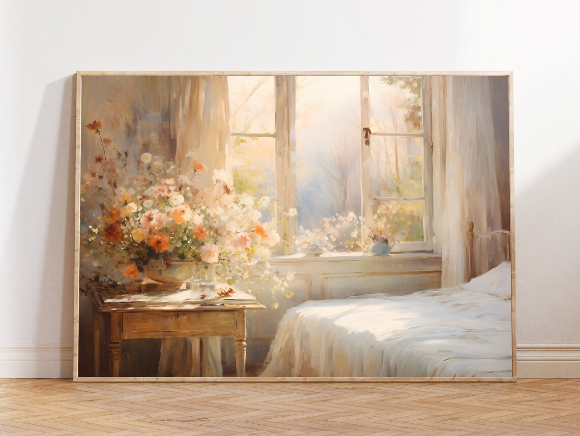 Sunlit Bedroom with Wildflower Bouquet Serene Morning Wall Art