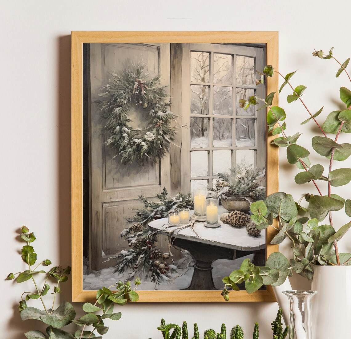 Snowy Wreath on Door by Frosty Window Candlelit Table Poster