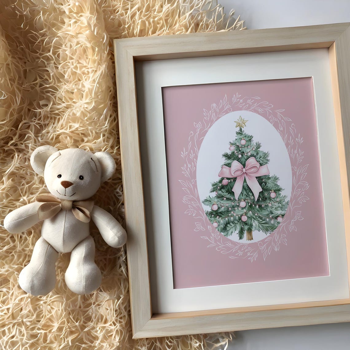Pink Christmas Tree with Big Bow and Gold Star in Oval Frame Poster - Image 3