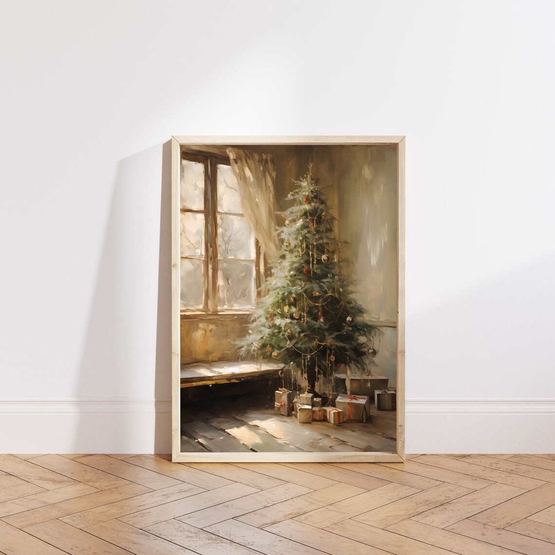 Sunlit Christmas Tree by Window with Sheer Curtain Oil Painting Poster - Image 5
