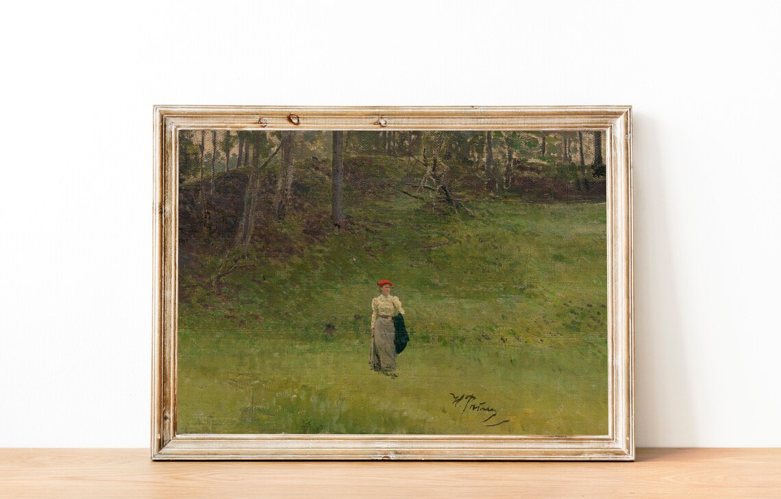 Lady in Meadow Painting Vintage Countryside Red Hat Woman Art Poster - Image 3