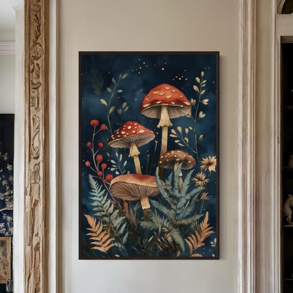 Moody Red Mushroom In Forest Art Enchanted Forest Print With Deep Blue Background Perfect For Atmospheric Autumnal Home Decor