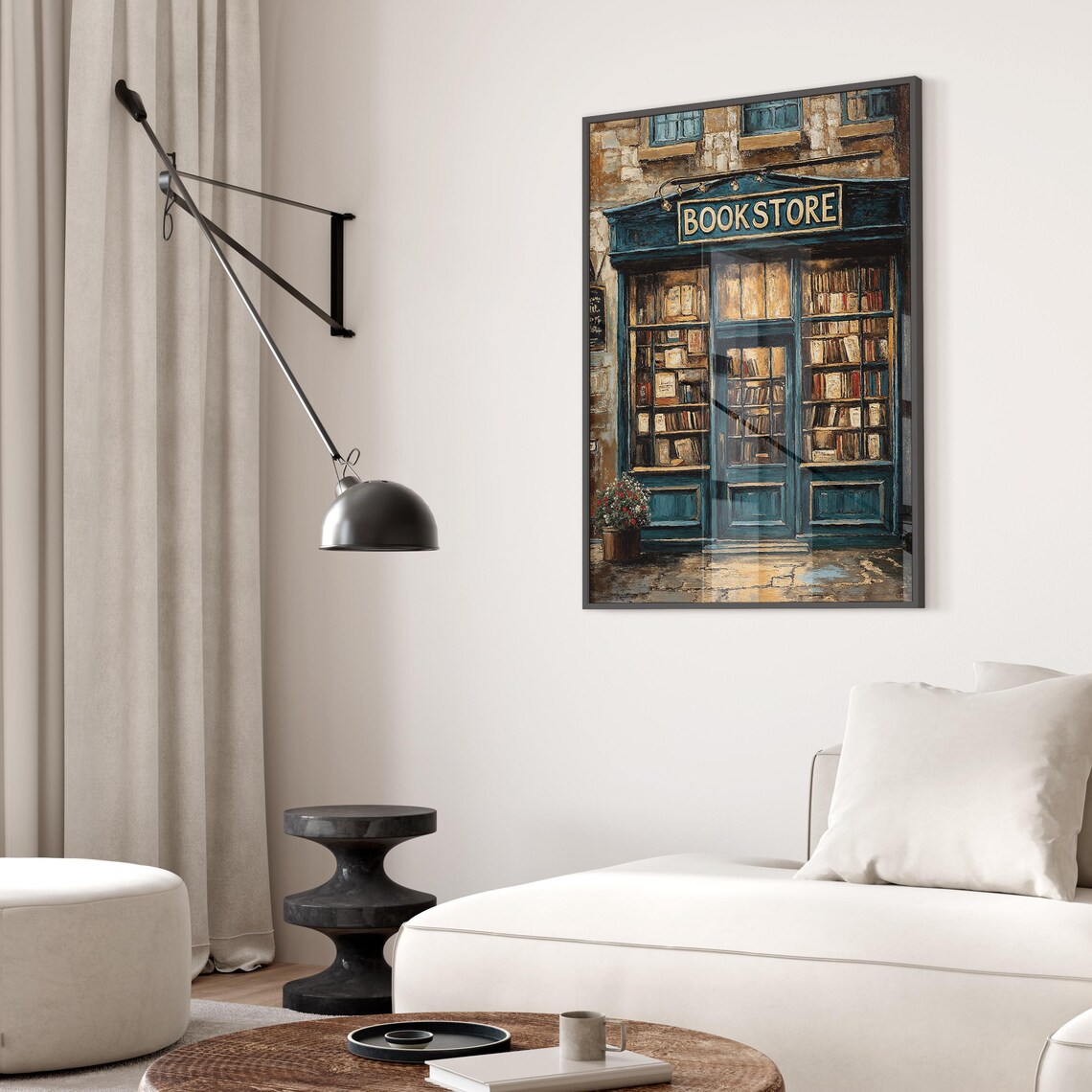 Vintage Blue Bookstore Shop Front Oil Painting Illustration Art Poster - Image 2