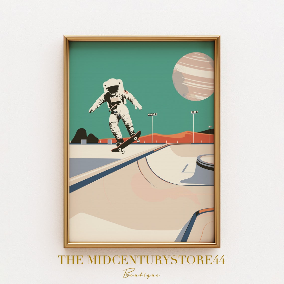 Retro Astronaut Skateboarding a Space Skatepark Under Planet Poster - Image 3