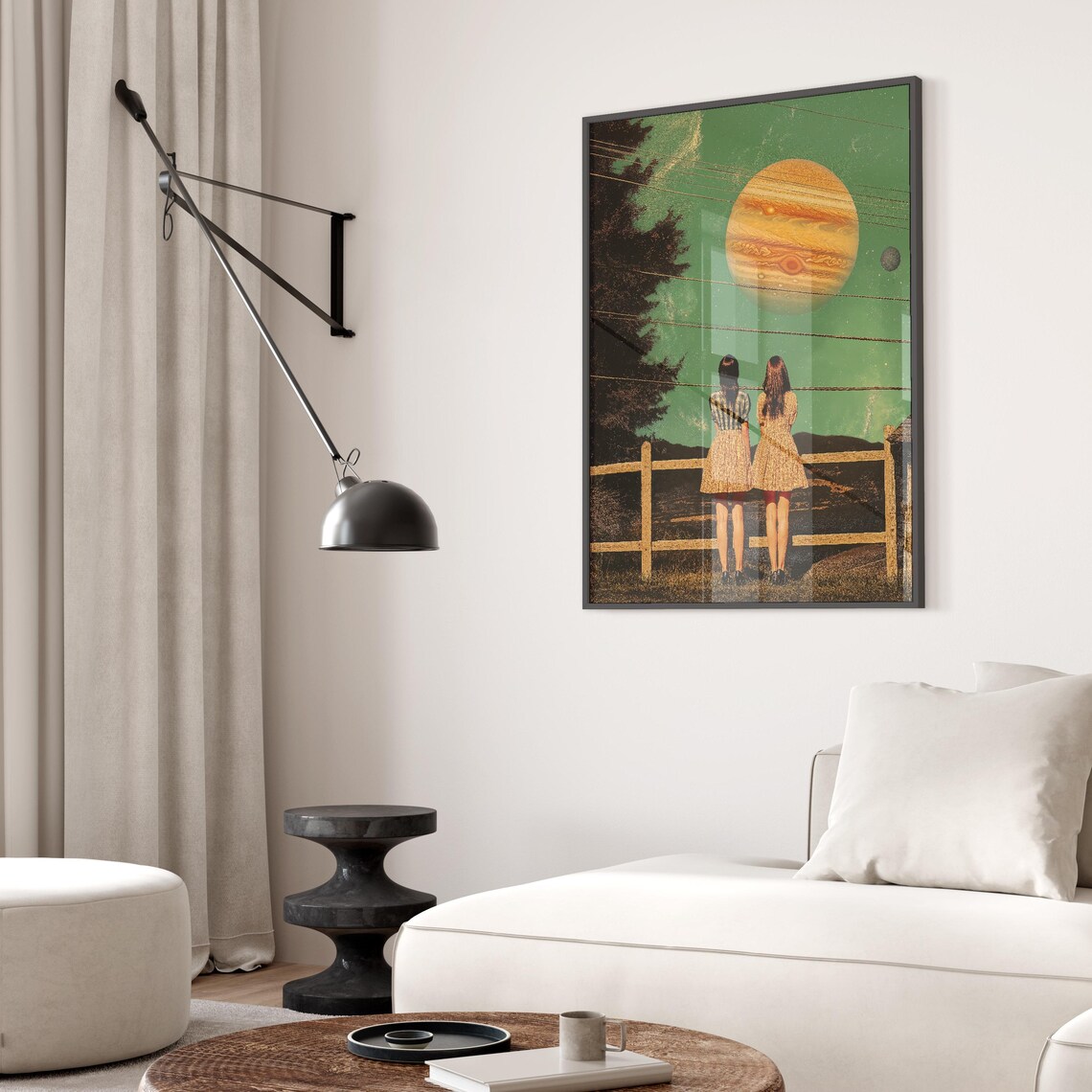 Retro Celestial Jupiter Collage Two Girls Night Sky Surreal Art Poster - Image 2