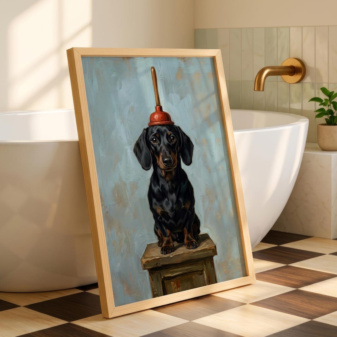Funny Black Dachshund Bathroom Art Wiener Dog Plunger Hat Poster