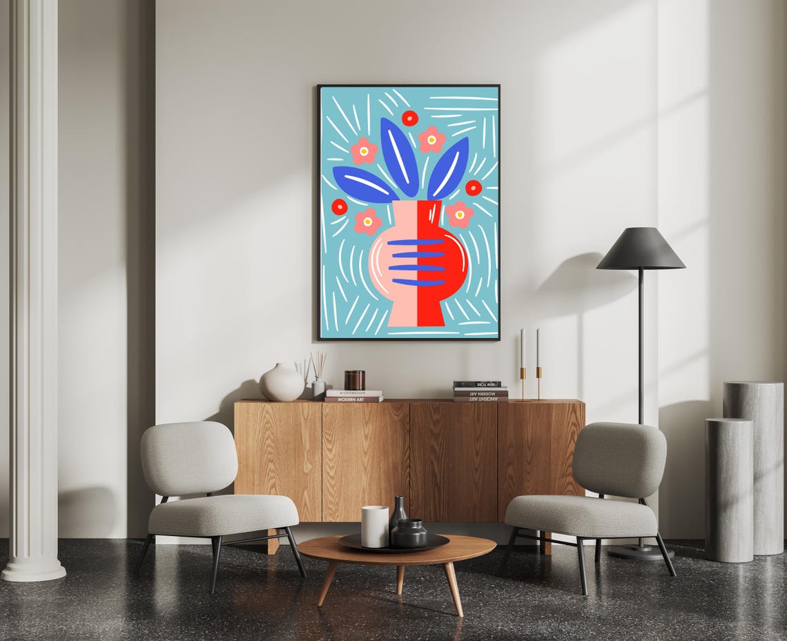 Modern Still Life Vase With Flowers Teal Abstract Botanical Poster - Image 4