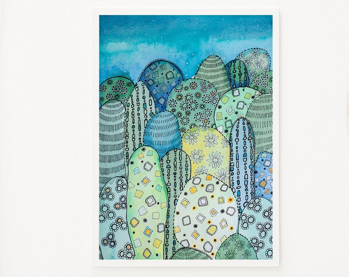Blue Green Doodle Forest Whimsical Patterned Trees Art Poster - Image 4
